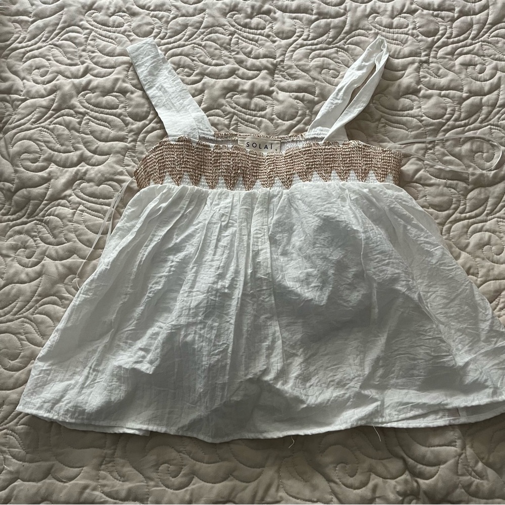 Solai The Label White And Tan Trim Tank Blouse Beachwear Size Small